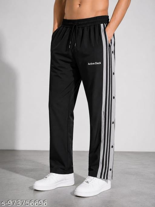 Men’s Premium Side Snap Track Pants | Black Athletic Joggers with Button Stripes