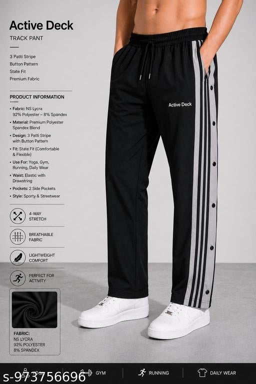 Men’s Premium Side Snap Track Pants | Black Athletic Joggers with Button Stripes