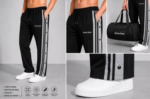 Men’s Premium Side Snap Track Pants | Black Athletic Joggers with Button Stripes
