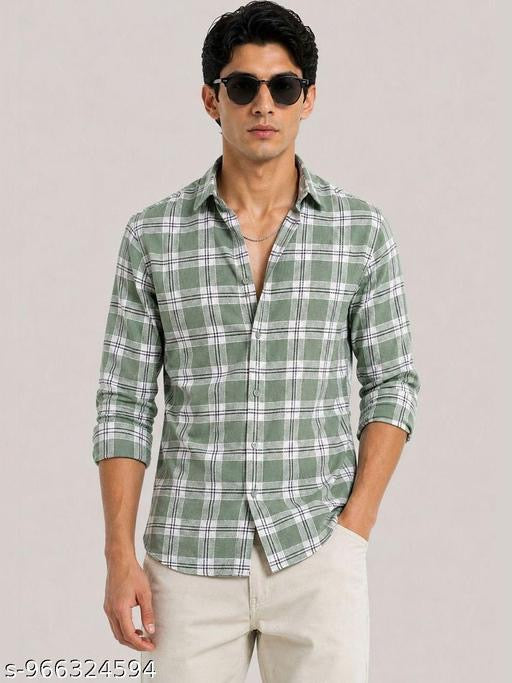 Men’s Premium Green Checked Casual Shirt | Slim Fit Cotton Blend Full Sleeve Shirt