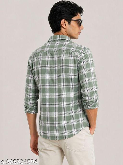 Men’s Premium Green Checked Casual Shirt | Slim Fit Cotton Blend Full Sleeve Shirt