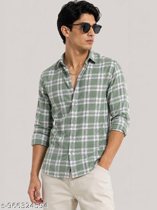 Men’s Premium Green Checked Casual Shirt | Slim Fit Cotton Blend Full Sleeve Shirt