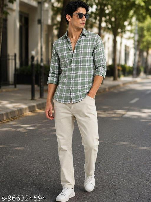 Men’s Premium Green Checked Casual Shirt | Slim Fit Cotton Blend Full Sleeve Shirt